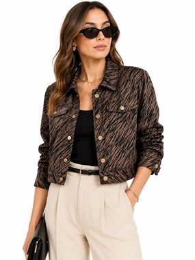 Anne Carson 100% Silk Zebra Print Cropped Jacket Brown Black Large